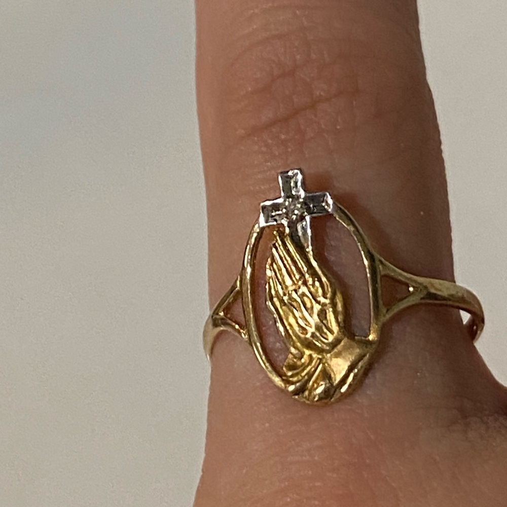 Jesus Hands and Cross, 10k gold ring with small diamond.